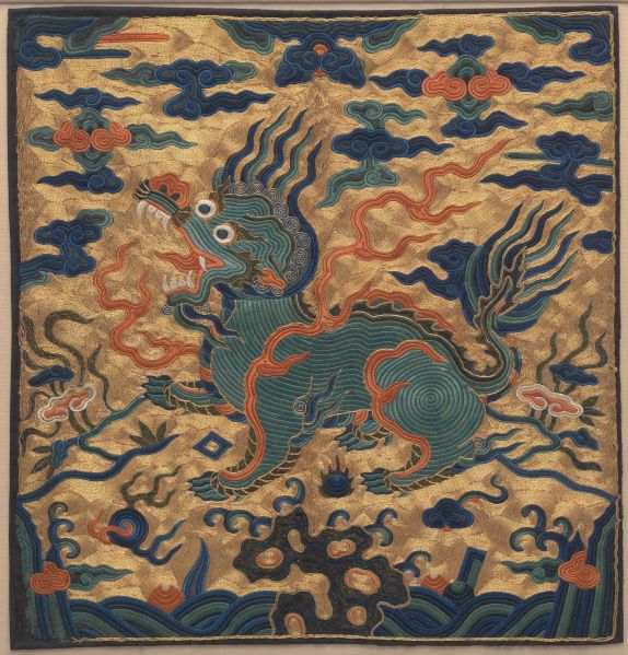 Qing dynasty rank badge with stylized bear embroidered with peacock and metallic threads