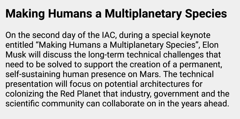 The official description of Elon Musk’s talk at the IAC in Guadalajara, Mexico