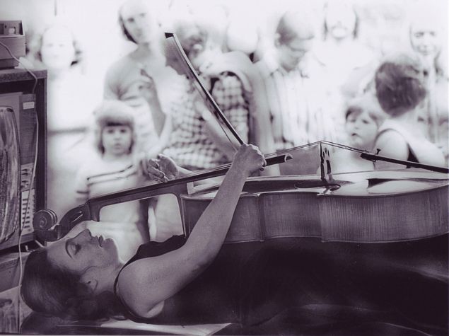 Charlotte Moorman performing Nam June Paik’s TV Bed, Bochum Art Week, Bochum, West Germany, 1973.