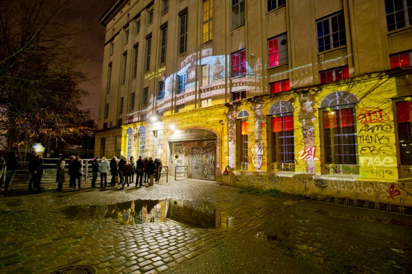 BERLIN, GERMANY - JANUARY 23: (EXCLUSIVE COVERAGE) Projection of Sanssouci Palace on the facade of Berghain nightclub for Friedrich der Grosse Special Yellow Lounge organized by recording label Deutsche Grammophon at Berghain nightclub on January 23, 2012 in Berlin, Germany. (Photo by Stefan Hoederath/Getty Images)