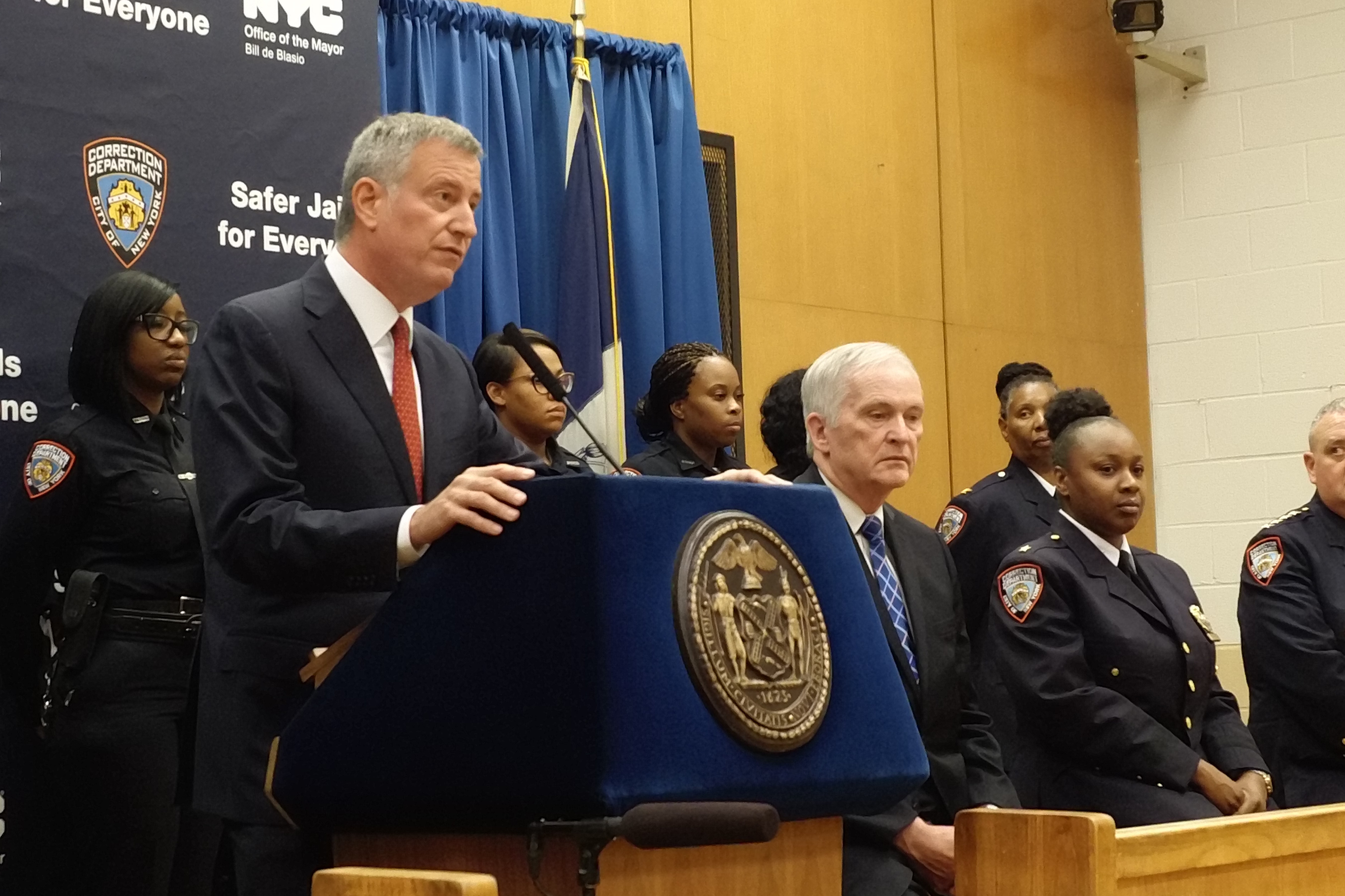 Mayor Bill de Blasio and Commissioner Joseph Ponte on Rikers Island today.