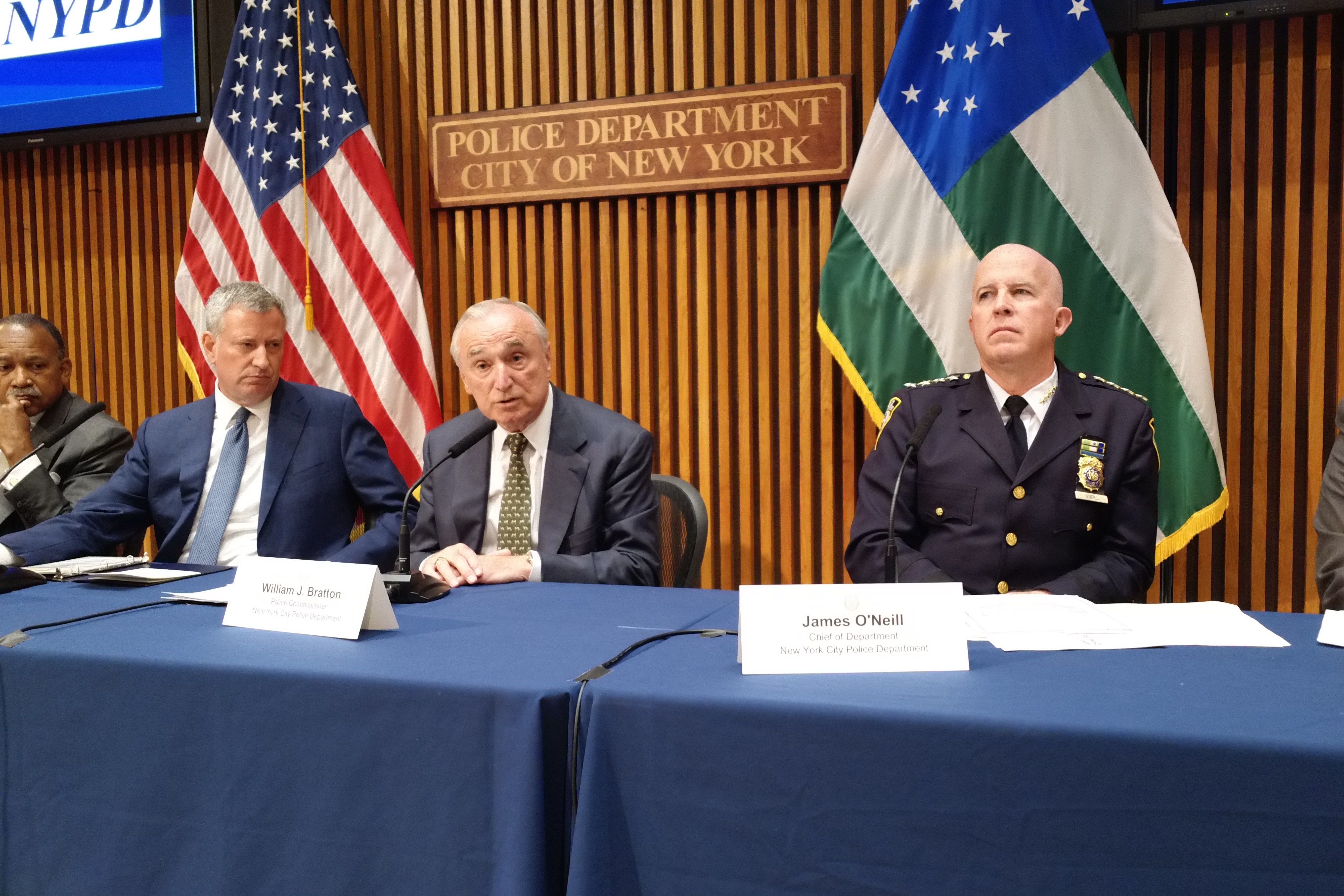 Mayor Bill de Blasio, Police Commissioner Bill Bratton and Chief of Department James O'Neill at today's crime stats press conference.
