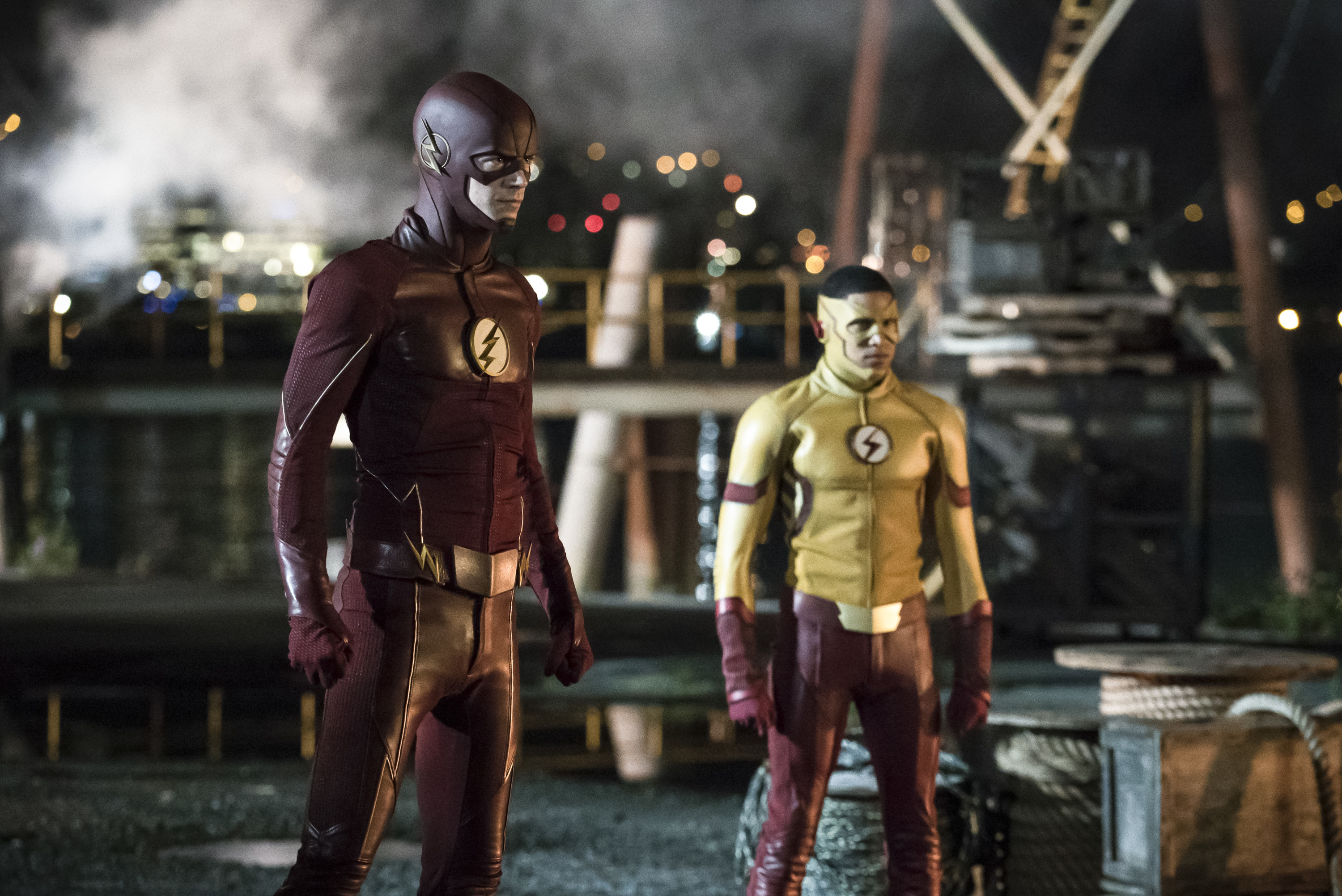 Grant Gustin as The Flash and Keiynan Lonsdale as Kid Flash. 