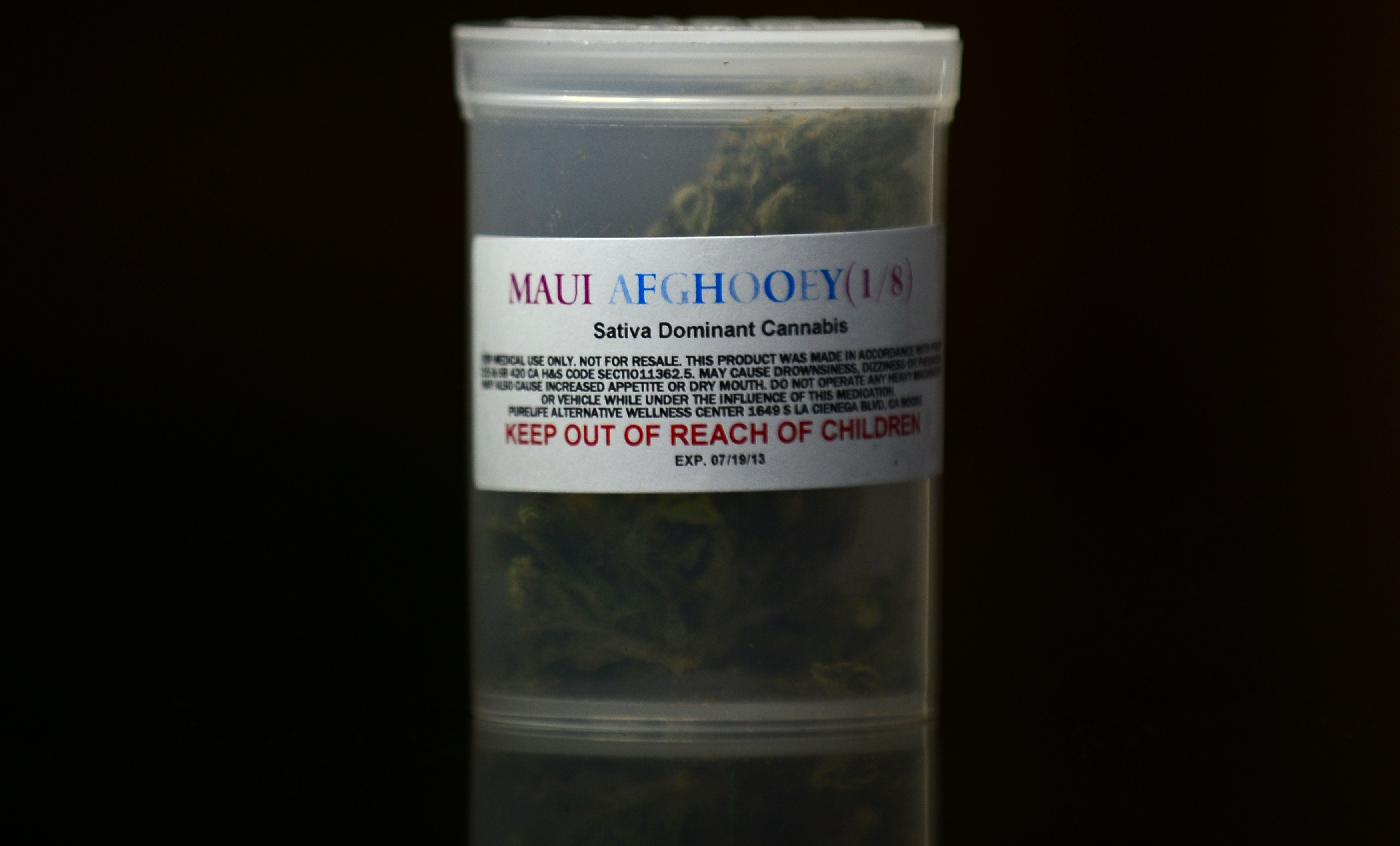 A container of medical marijuana displayed in Los Angeles, California. 