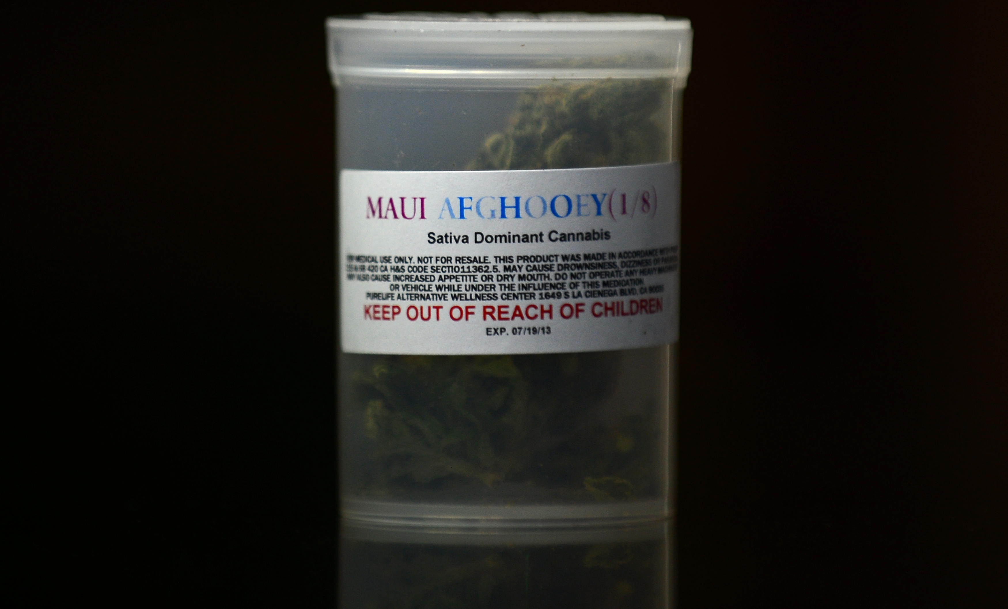 A container of medical marijuana displayed in Los Angeles, California.