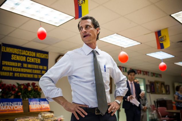 New York City mayoral candidate and former U.S. Rep. Anthony Weiner (D-NY) waits to speak to seniors at Elmhurst Senior Center on August 5, 2013 in New York City.