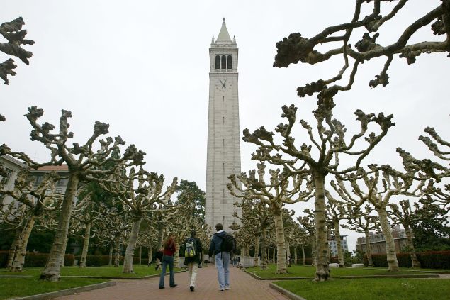 Students walk near Sather Tower on the University of California at Berkeley campus February 24, 2005 in Berkeley, California. The City of Berkeley is suing U.C. Berkeley citing that university administrators did not adequately evaluate the consequences to the city with its 15-year growth plan and hopes to block construction of any new projects. 