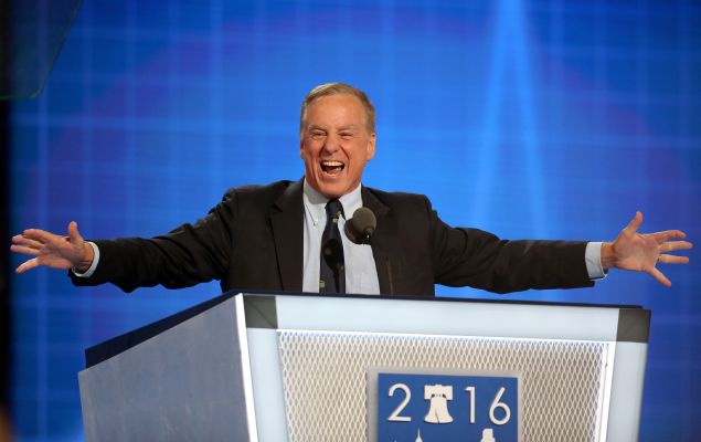 Former Gov. Howard Dean (D-VT) reenacts his Iowa Caucus "Dean Scream" moment during closing remarks on the second day of the Democratic National Convention at the Wells Fargo Center, July 26, 2016 in Philadelphia
