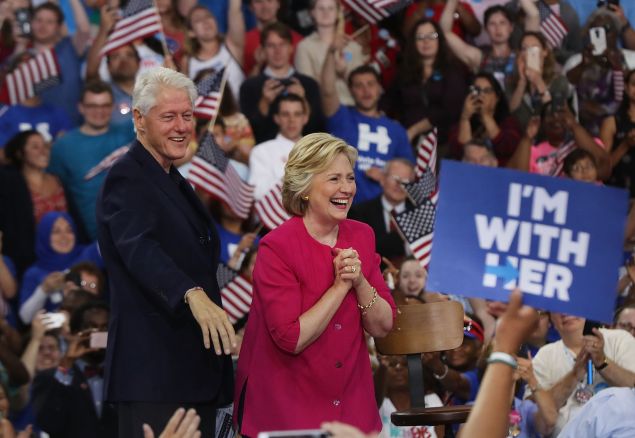 Democratic presidential candidate Hillary Clinton is joined by her husband former U.S. President Bill Clinton at a rally a day after accepting the Democratic Party's nomination for president at Temple University on July 29, 2016 in Philadelphia, Penn.