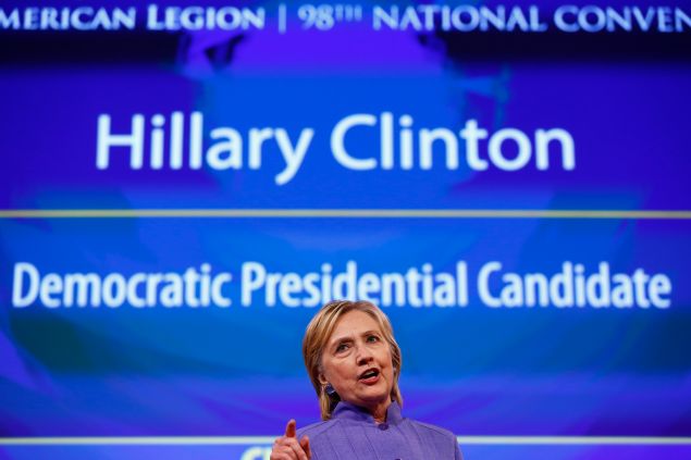 CINCINNATI, OH - AUGUST 31: Democratic presidential nominee Hillary Clinton speaks at the American Legion Convention August 31, 2016 in Cincinnati, Ohio. Clinton spoke about her vision for America's military and foreign policy. 