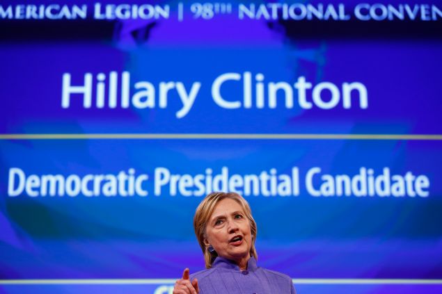 CINCINNATI, OH - AUGUST 31: Democratic presidential nominee Hillary Clinton speaks at the American Legion Convention August 31, 2016 in Cincinnati, Ohio. Clinton spoke about her vision for America's military and foreign policy.
