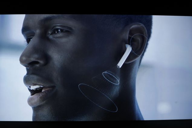 SAN FRANCISCO, CA - SEPTEMBER 07: The newly announced Apple AirPods is seen on a screen during a launch event on September 7, 2016 in San Francisco, California. Apple Inc. is expected to unveil latest iterations of its smart phone, forecasted to be the iPhone 7. The tech giant is also rumored to be planning to announce an update to its Apple Watch wearable device.
