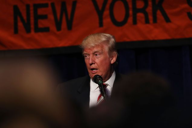 Republican presidential candidate Donald Trump speaks while accepting the Conservative Party of New York State's nomination for president on September 7, 2016 in New York City. Following the event Trump will take part in a forum with Hillary Clinton, to answer questions on veterans issues and national security. 