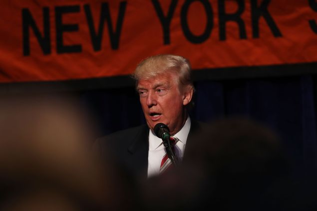 Republican presidential candidate Donald Trump speaks while accepting the Conservative Party of New York State's nomination for president on September 7, 2016 in New York City. Following the event Trump will take part in a forum with Hillary Clinton, to answer questions on veterans issues and national security.
