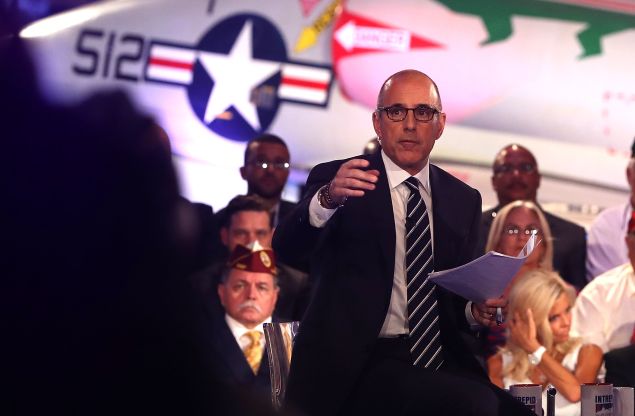 Matt Lauer looks on during the NBC News Commander-in-Chief Forum with democratic presidential nominee former Secretary of State Hillary Clinton on September 7, 2016 in New York City. Hillary Clinton and republican presidential nominee Donald Trump are participating in the NBC News Commander-in-Chief Forum.