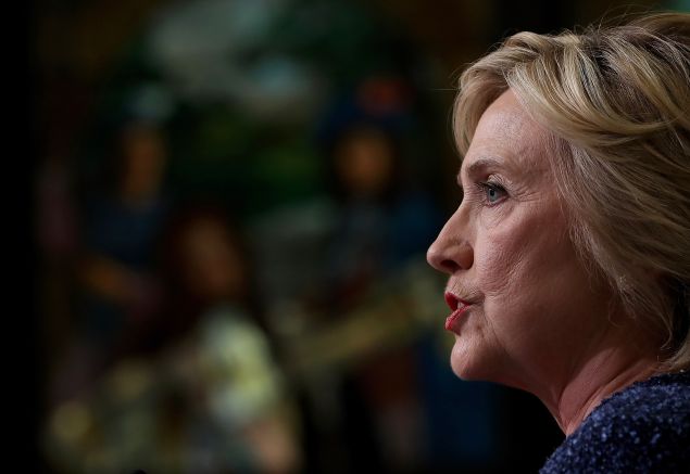 Democratic presidential nominee former Secretary of State Hillary Clinton speaks with reporters following a National Security Working Session at the New York Historical Society Library on September 9, 2016 in New York City. Hillary Clinton is attending fundraisers and in New York City.