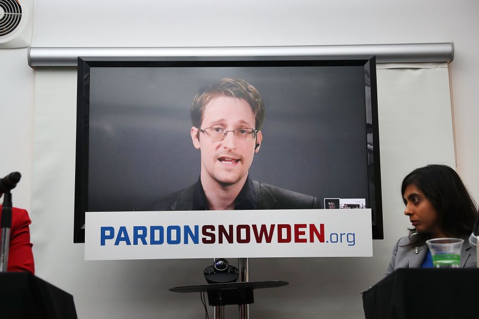 NEW YORK, NY - SEPTEMBER 14: Edward Snowden speaks via video link at a news conference for the launch of a campaign calling for President Obama to pardon him on September 14, 2016 in New York City. The campaign, which includes representatives from the American Civil Liberties Union, Human Rights Watch, Amnesty International and ACLU attorney Ben Wizner, looks to have the whistle blower pardoned from under the Espionage Act.