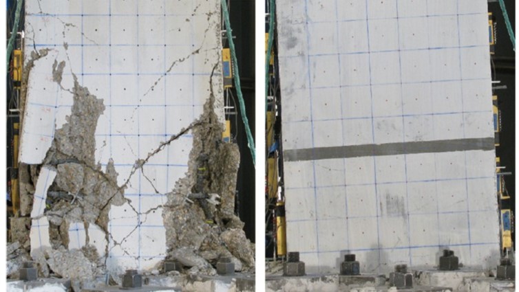 At left, standard reinforced concrete; at right, ultra-high-performance fiber-reinforced concrete, under similar severe earthquake loadings.