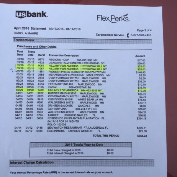 Hillary for America processed $94 in unauthorized charges to Carol Mahre's US Bank account.