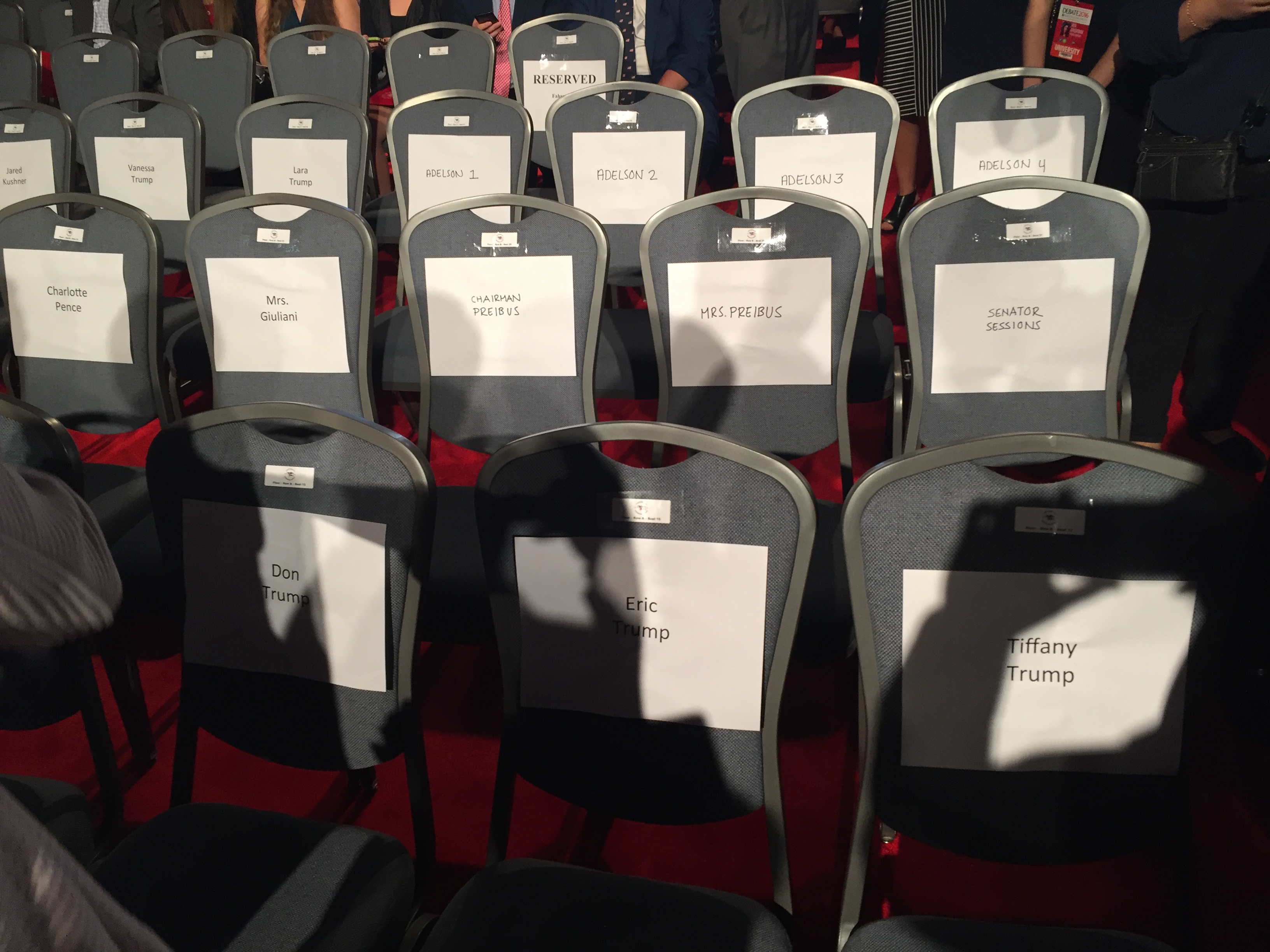 Seats reserved for Sheldon Adelson.