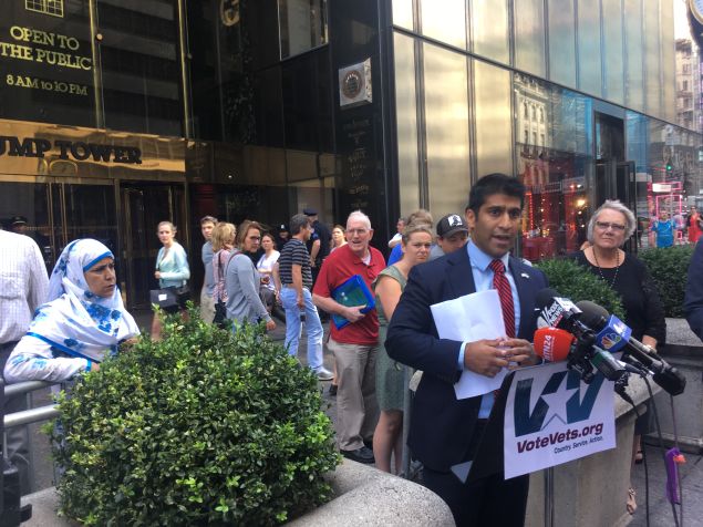Shah Chowdhury speaks outside Trump Tower.
