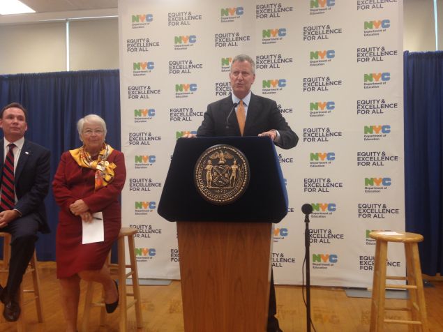 Mayor Bill de Blasio speaks at Port Richmond High School on Staten Island.