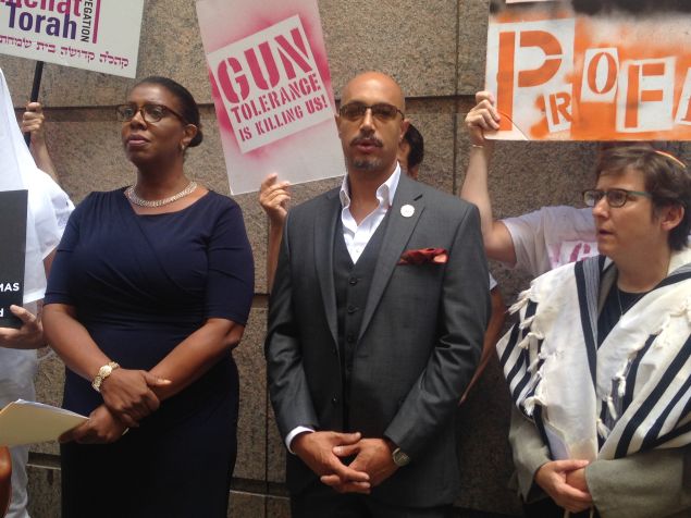 Public Advocate Letitia James and Kirsten John Foy of the National Action Network at a Gays Against Guns protest.