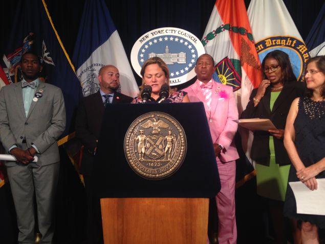 Council Speaker Melissa Mark-Viverito addresses reporters at the Council's monthly pre-stated meeting.