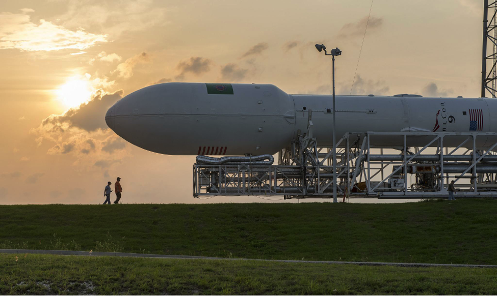 The SpaceX Falcon 9 rocket being rolled out for launch 