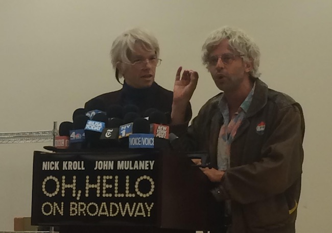 George St. Geegland (John Mulaney) and Gil Faizon (Nick Kroll) held a press conference today for their Broadway debut of Oh, Hello at the New 42nd St. Studios.