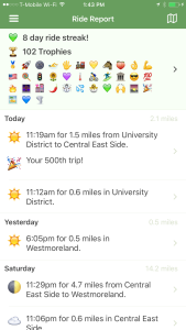A user's view of their rides in the Ride Report app.