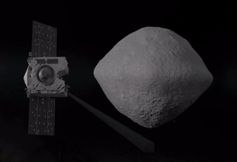 Graphic showing the OSIRIS-REx Spacecraft surveying asteroid Bennu 