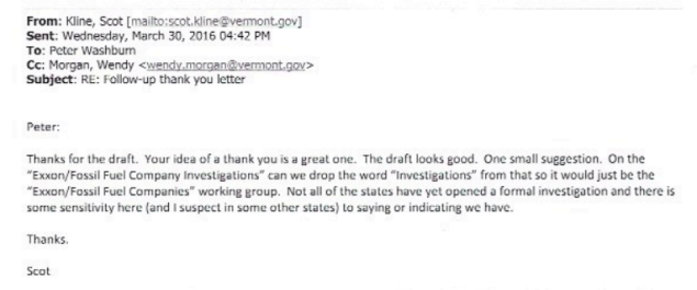 This email shows that even those sympathetic to Eric Schneiderman's campaign against fossil fuels wonder that his language got ahead of the group.