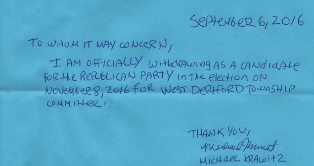 The resignation letter of Mike Krawitz, who withdrew from his township committee race this week after telling a journalist on Twitter that he hoped she would be raped.