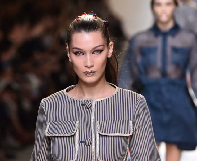 A close up of the beauty look, on Bella Hadid.