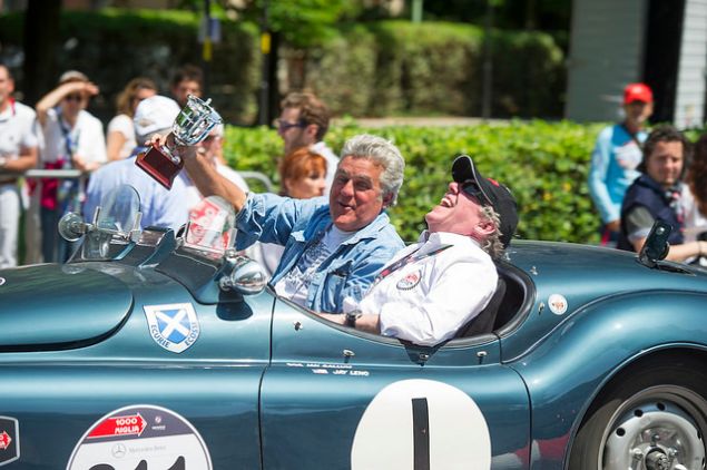 Jay Leno at the 2014 Mille Miglia, a racing event in Italy featuring historic Jaguars.