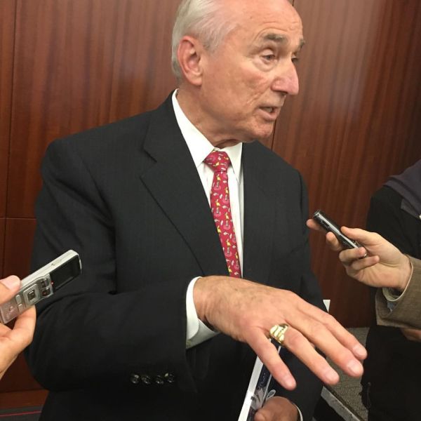 Former Police Commissioner Bill Bratton addresses reporters following a speech at the New York Law School.