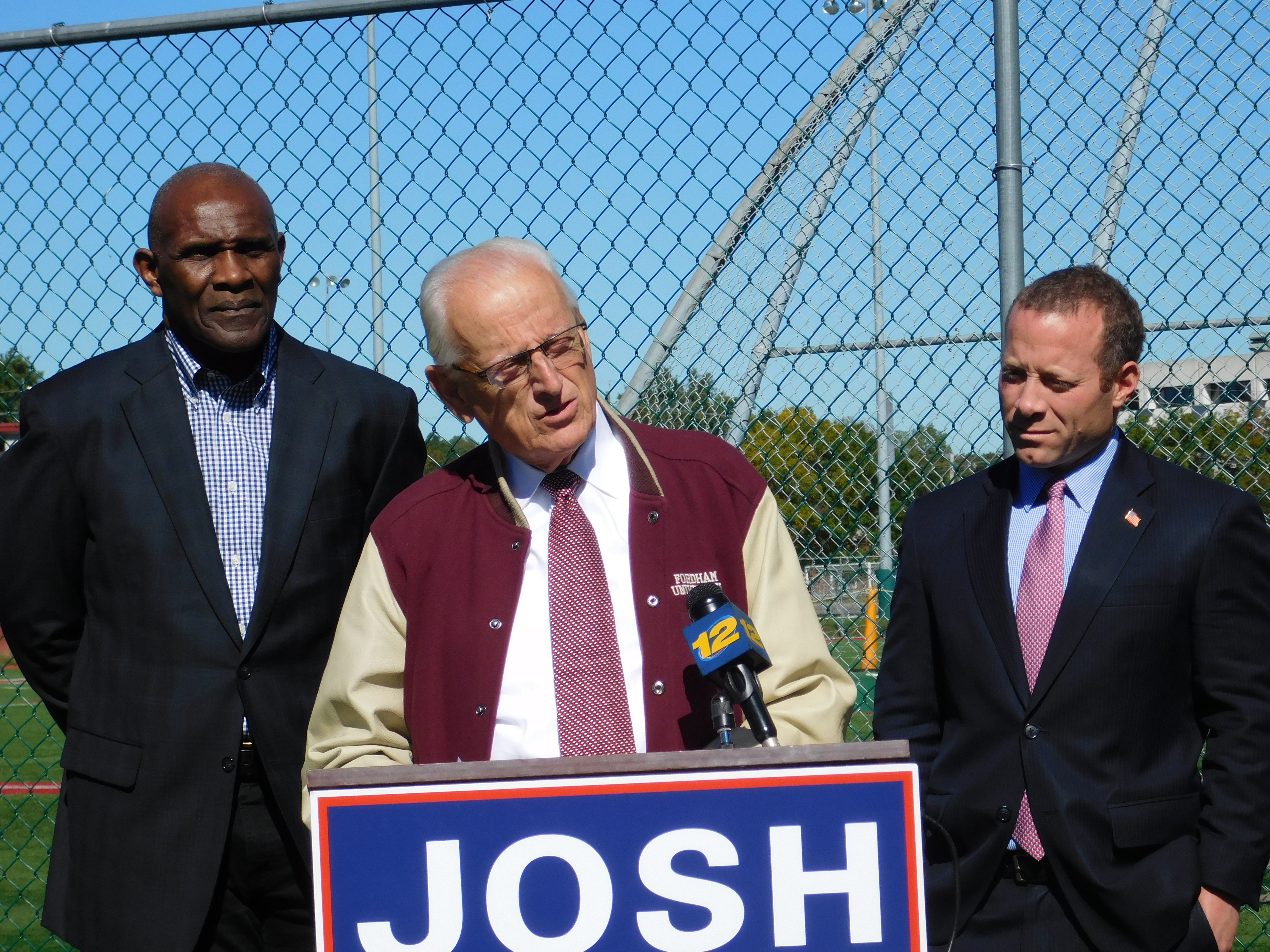 Josh Gottheimer (right) with Bill Pascrell and former football player Harry Carson. Gottheimer's statements on Garrett followed a press conference on concussion legislation efforts.