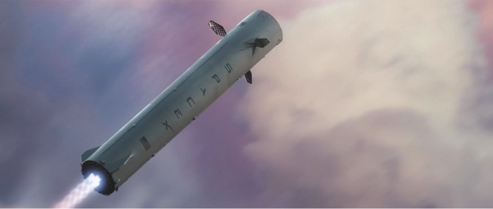 The Interplanetary Transport System booster returning to Earth after launch