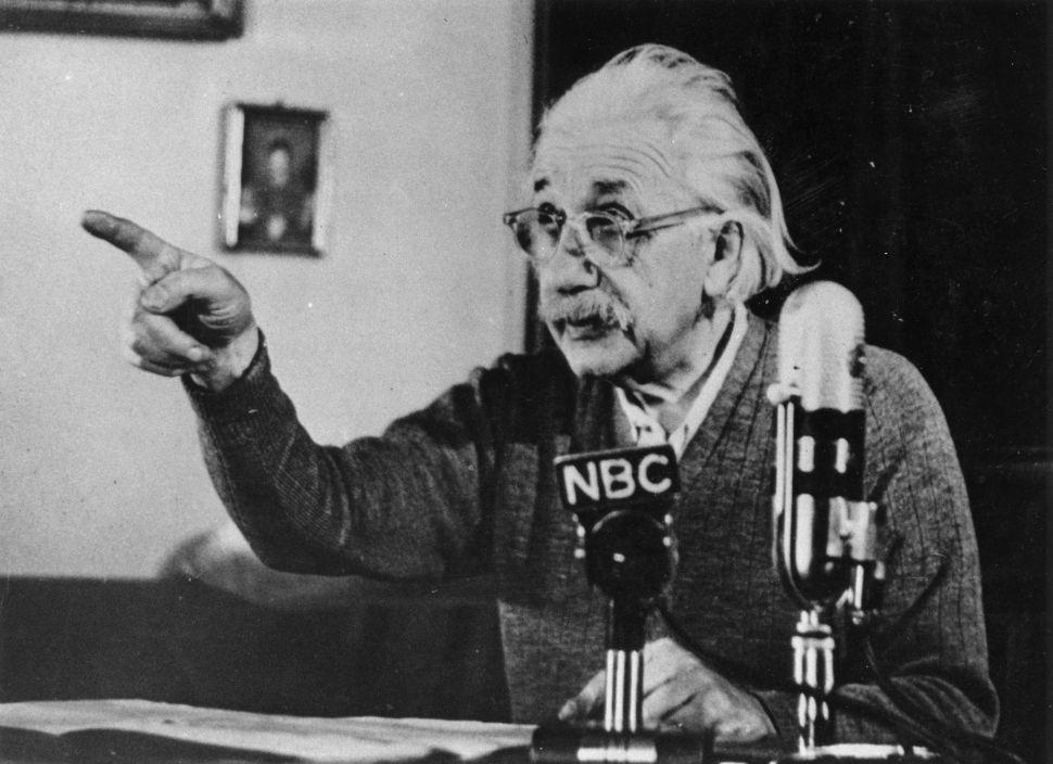 Mathematical physicist Albert Einstein (1879 - 1955) delivers one of his recorded lectures.