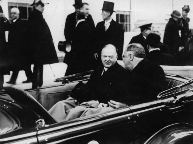 President Herbert Hoover with President Franklin Delano Roosevelt on Inauguration Day 1933.