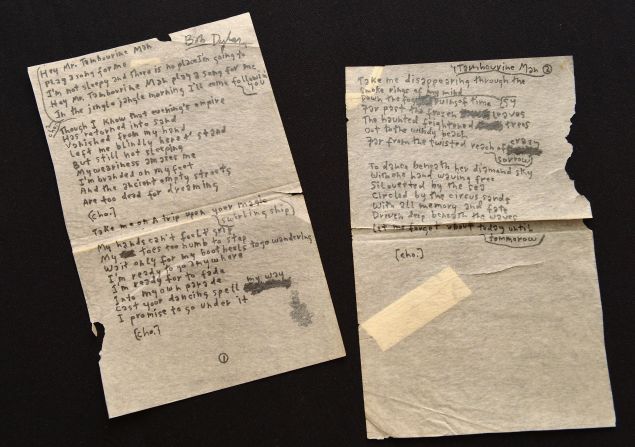NEW YORK, NY - DECEMBER 03: Bob Dylan's handwritten lyrics for "Mr. Tambourine Man" on display at "Icons & Idols: Rock n' Roll" on December 3, 2013 in New York City. (Photo by Slaven Vlasic/Getty Images)