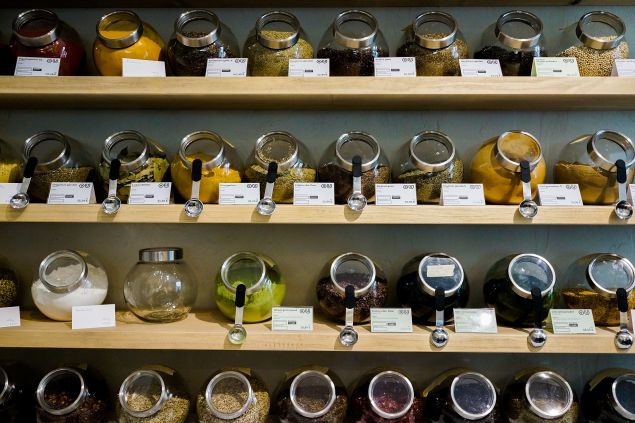 Several kinds of spices a offered in glass vessels at a supermarket in Berlin, Germany.