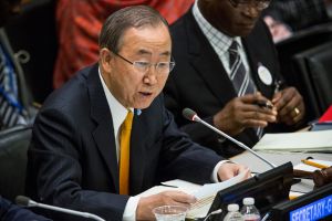 Secretary General Ban Ki-Moon speaking at a high-level UN meeting regarding the breakout of Ebola in 2014. He will be replaced by António Guterres this week.