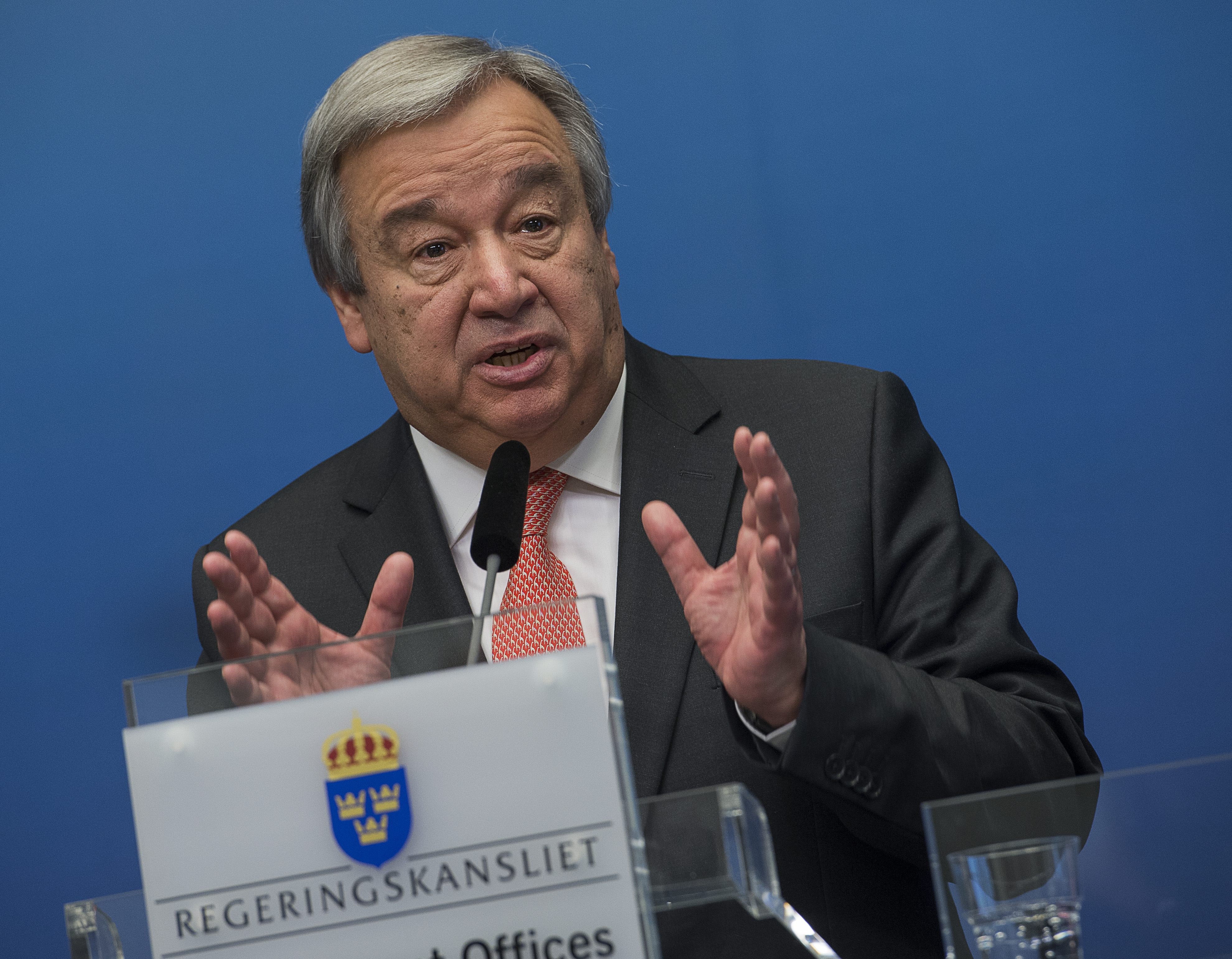 UN High Commissioner for Refugees (UNHCR) Antonio Guterres speaks during a news conference at the Swedish government headquarters Rosenbad in Stockholm, Sweden, on February 3, 2015. The UN General Assembly will accept Guterres as the next Secretary General this week.