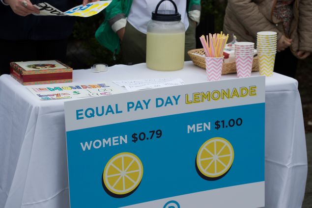 In April, DNC women hosted an Equal Pay Day event with a lemonade stand "where women pay 79 cents per cup and men pay $1 per cup, to highlight the wage gap."