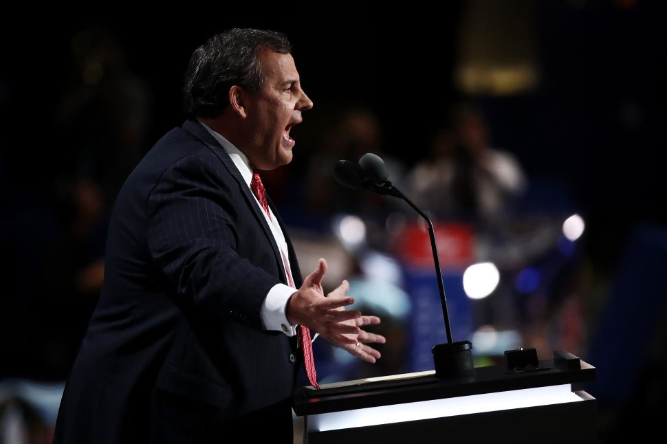 CLEVELAND, OH - JULY 19: New Jersey Gov. Chris Christie delivers a speech on the second day of the Republican National Convention on July 19, 2016 at the Quicken Loans Arena in Cleveland, Ohio. Republican presidential candidate Donald Trump received the number of votes needed to secure the party's nomination. An estimated 50,000 people are expected in Cleveland, including hundreds of protesters and members of the media. The four-day Republican National Convention kicked off on July 18. 