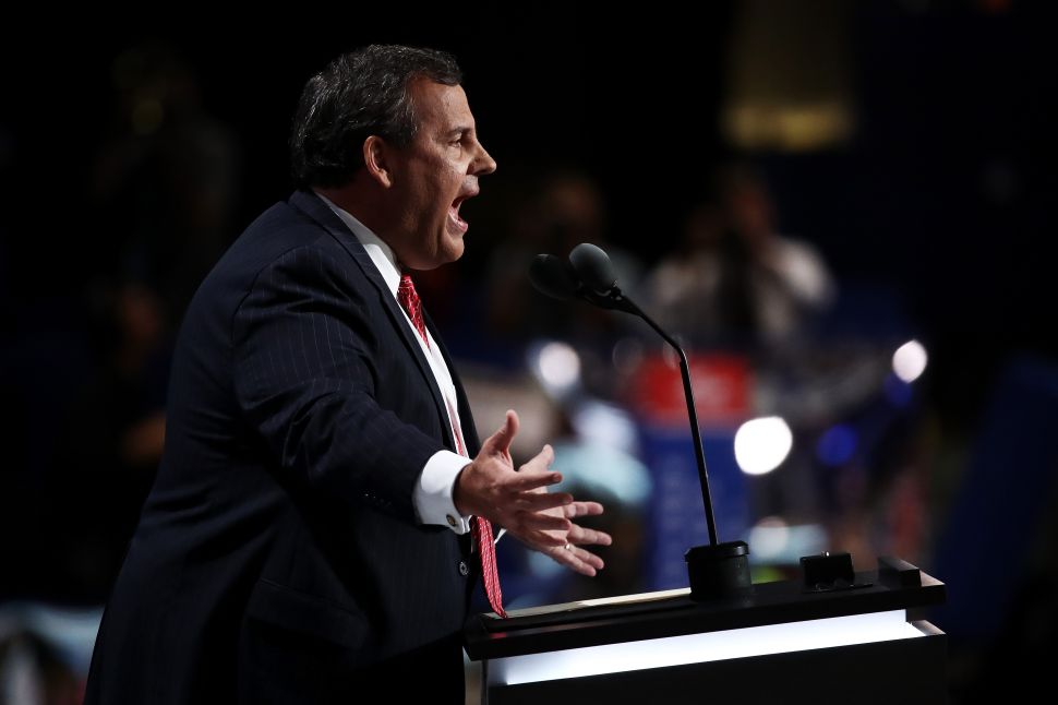 CLEVELAND, OH - JULY 19: New Jersey Gov. Chris Christie delivers a speech on the second day of the Republican National Convention on July 19, 2016 at the Quicken Loans Arena in Cleveland, Ohio. Republican presidential candidate Donald Trump received the number of votes needed to secure the party's nomination. An estimated 50,000 people are expected in Cleveland, including hundreds of protesters and members of the media. The four-day Republican National Convention kicked off on July 18.