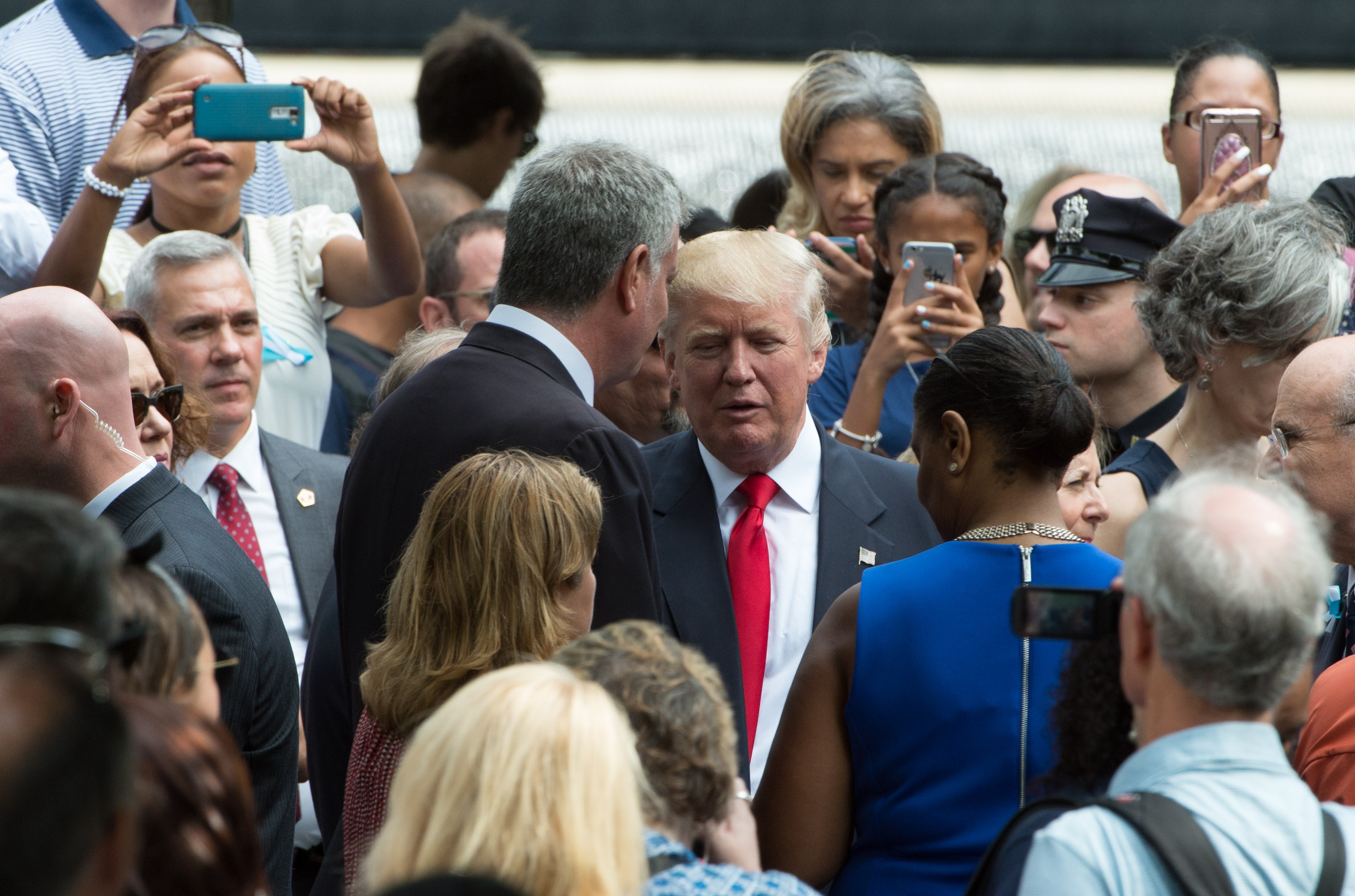 Mayor Bill de Blasio addresses Donald Trump at the 9/11 Memorial event in September.