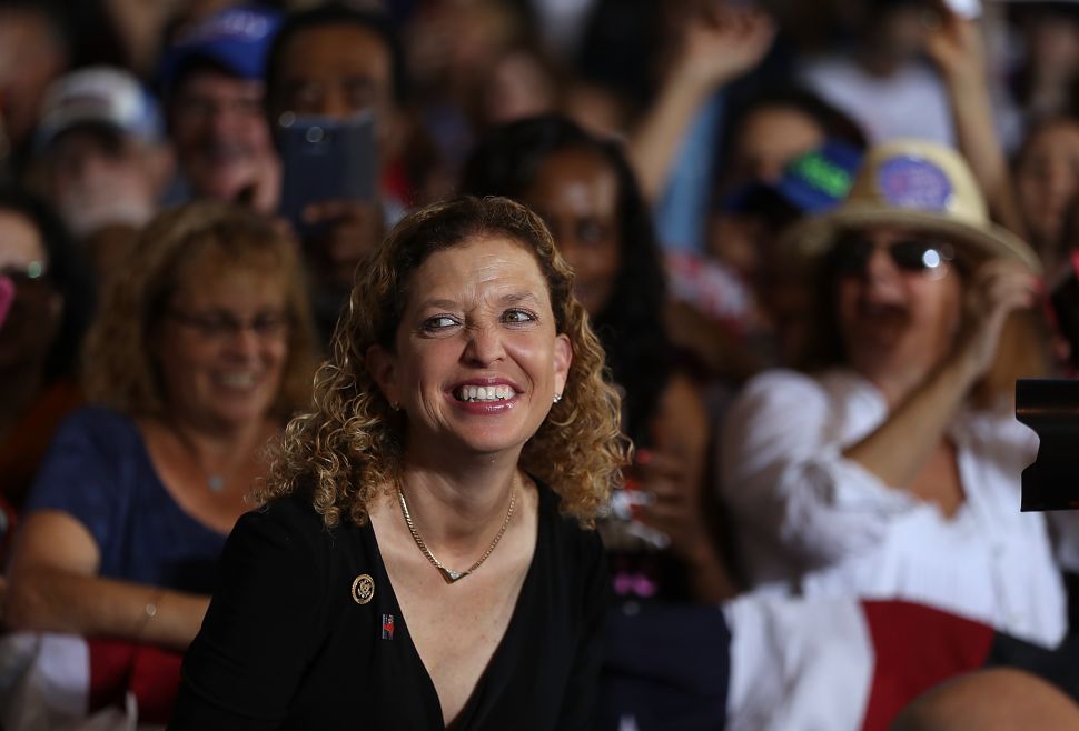 CORAL SPRINGS, FL - SEPTEMBER 30: U.S. Rep Debbie Wasserman Schultz (D-FL) looks on during a campaign rally with democratic presidential nominee former Secretary of State Hillary Clinton at Coral Springs Gymnasium on September 30, 2016 in Coral Springs, Florida. Hillary Clinton is campaigning in Florida.